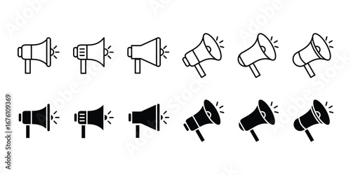 Megaphone Vector Set. Outline and Solid Loudspeaker Icons for Marketing