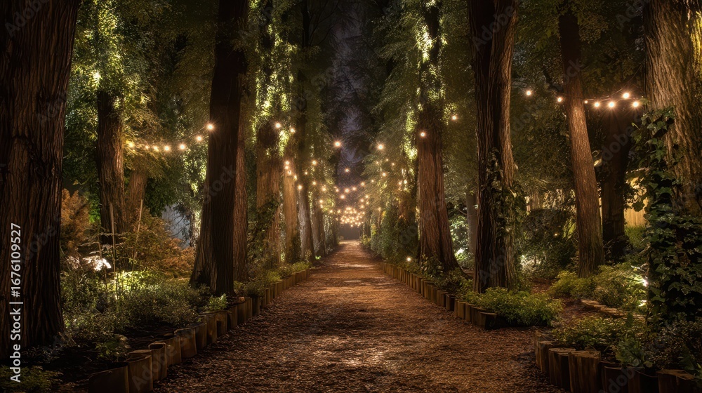 Obraz premium Magical Night Pathway Adorned with Fairy Lights and Trees