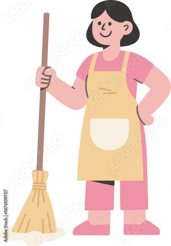 A cheerful female housekeeper with a broom and an apron, representing domestic work, cleaning, and professional maid services.