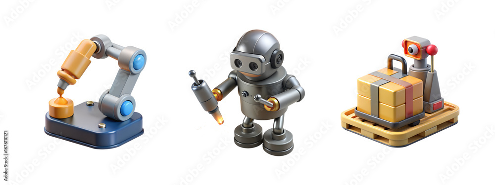 Fototapeta premium Three stylized robots and machinery isolated on transparent background