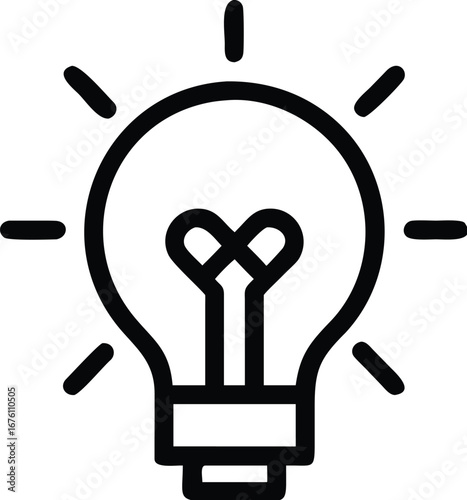 Vector art of simple line art icon of a light bulb with rays emanating from it, symbolizing an idea or innovation