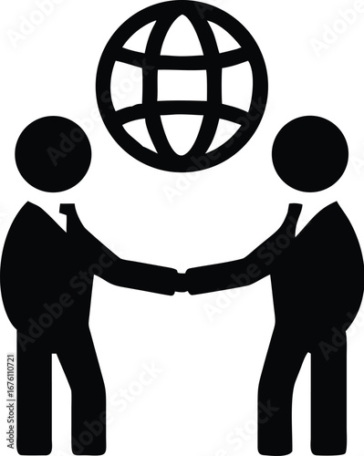 Vector art of two businessmen shaking hands under a globe, symbolizing global business partnership and international cooperation