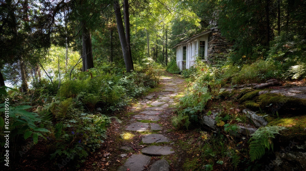 Obraz premium Serene Path Leading to a Secluded Cabin in a Forest Setting