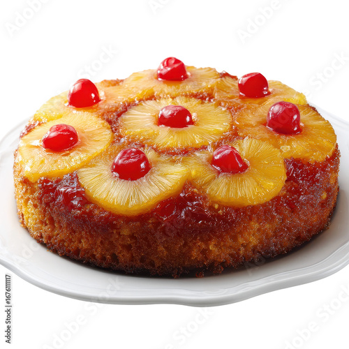 delicious pineapple upside down cake adorned with cherries on top, isolated on transparent background