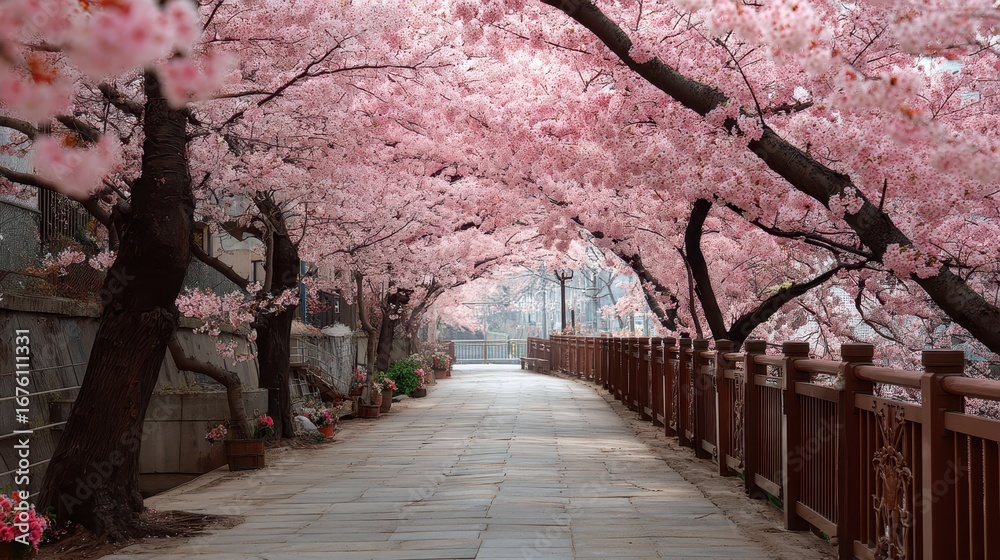 Obraz premium Path Under Cherry Blossom Trees in Full Bloom