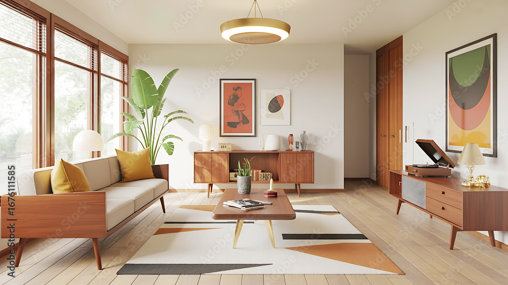 Fototapeta premium Mid century modern living room with wooden furniture and geometric rug image