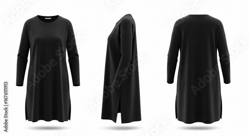 Three Views of a Black Long-Sleeve Tunic Dress with Side Slits.