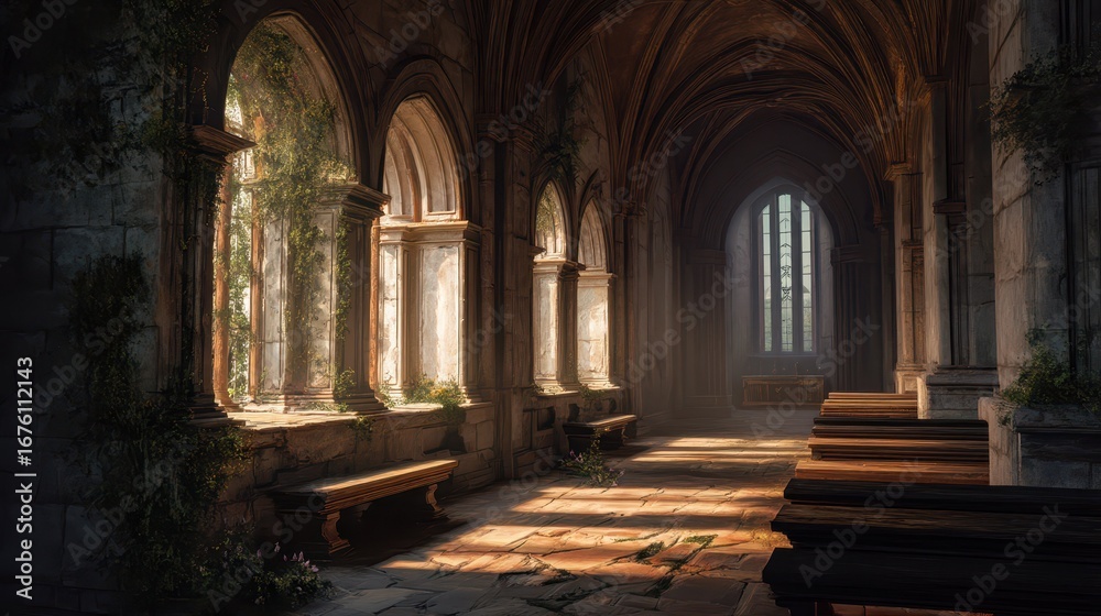 Obraz premium Serene Interior of Lush Monastery with Sunlit Arched Windows