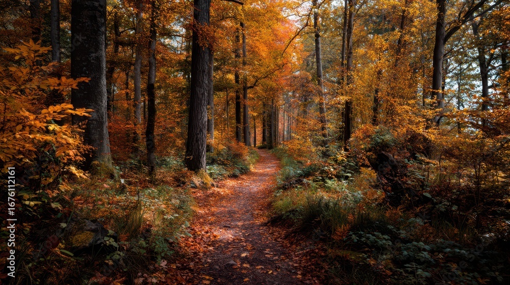 Obraz premium Serene Autumn Path Through Vibrant Woods in Tranquil Nature Scene