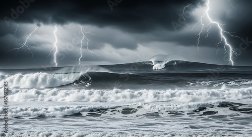 Stormy Sea with Lightning Strikes.