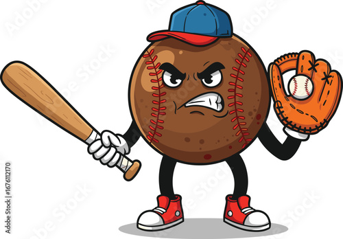 Angry cartoon baseball character with bat and glove, wearing a blue cap and red sneakers, sports illustration for kids, fun.
