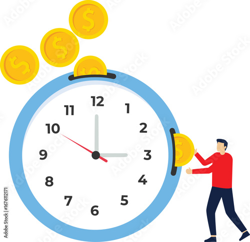 ROI, return on investment or long term investment success, increase in dividends or returns from the costs that have been invested, businesswoman invests money into big watch to get return profit


