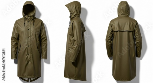 Stylish Olive Green Hooded Waterproof Raincoat Product Display Front Side Back Views.