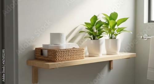 Light-filled bathroom shelf with basket and plants