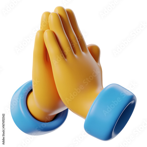 Stylized 3d praying hands emoji with blue cuffs against a black background