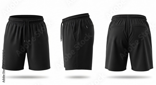 Black Athletic Shorts with Drawstring and Zipper Pockets Front Side Back Views on White Background.
