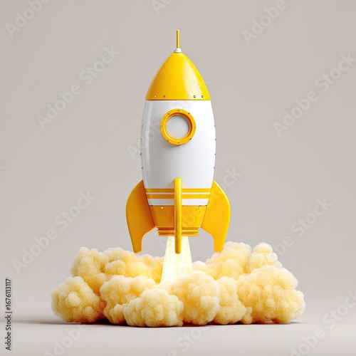 A bright yellow rocket ship, cartoon-like, launching, with a cloud of light yellow smoke