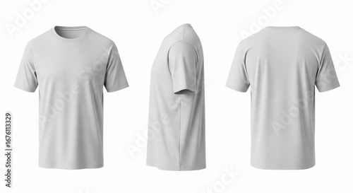 Three Views of a Plain Light Gray Short-Sleeve T-Shirt.