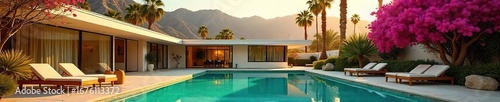 Mid-century modern architecture bathed in the warm California sun, iconic Palm Springs poolside view with vibrant bougainvillea ,  summer,  vibrant,  mid-century modern
