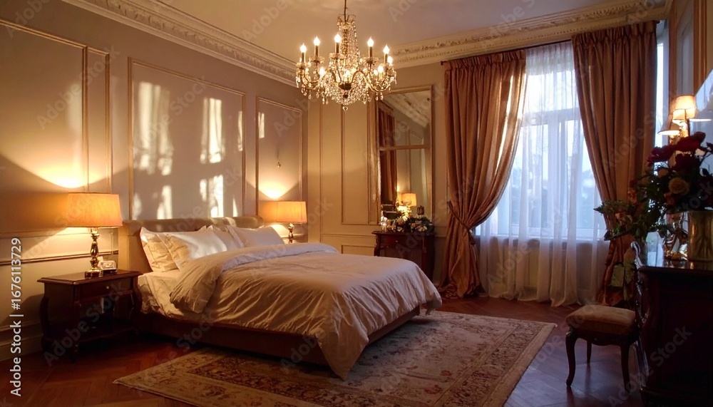 Fototapeta premium Elegant master bedroom interior with classic furniture and decor, illuminated by the warm, cozy glow of a chandelier and bedside lamps in the evening