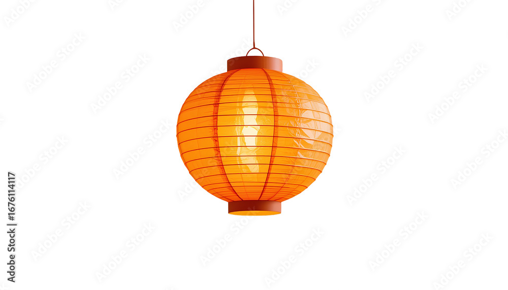 Fototapeta premium Glowing Orange Paper Lantern with Ribbed Texture Hanging on Red String isolated on transparent background