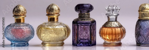 Ornate perfume bottles in various colors,  displaying intricate glasswork and gold-toned caps