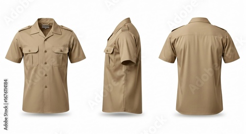 Multi-Angle View of Khaki Short-Sleeve Button-Down Shirt.