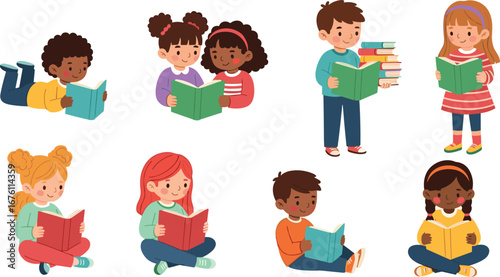 Cartoon children reading books, diverse kids in different poses, sitting, lying down, and standing with colorful books.