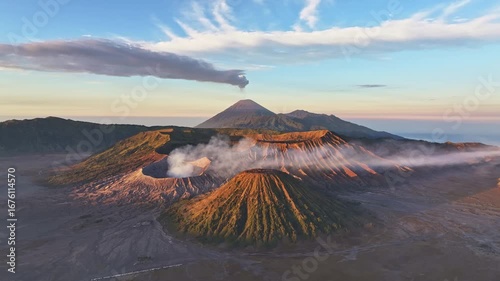 Aerial drone fly orbit around  Bromo volcano crater, Indonesia
