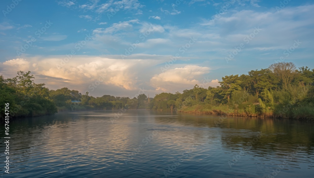 Obraz premium Scenic river flows serenely beneath a vibrant sky with fluffy clouds at golden hour for peaceful nature scenes