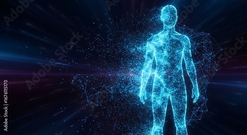 Abstract glowing blue human body made of digital particles and light