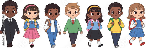 Cartoon children walking to school, diverse kids in colorful outfits with backpacks, smiling and happy, cute school kids.