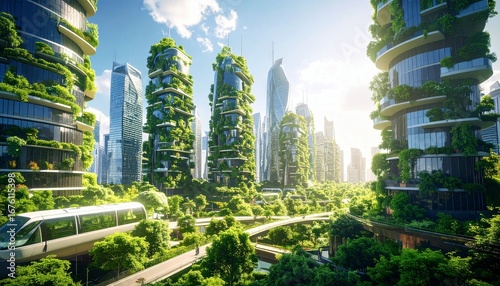 Envisioning a green future Modern city with eco-friendly skyscrapers, lush vertical gardens, and advanced transportation for sustainable urban living