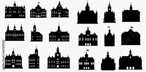 Collection of eighteen black silhouettes of various historic buildings, showcasing diverse architectural styles and sizes.
