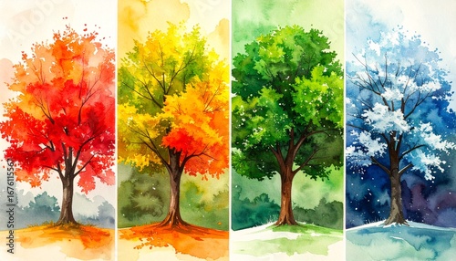Four Seasons Tree Colorful Watercolor Depiction of Seasonal Changes and Tree's Life Cycle