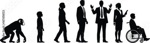 Human evolution concept, life progression stages, black silhouette vector, age diversity illustration, professional development theme, wheelchair inclusion,