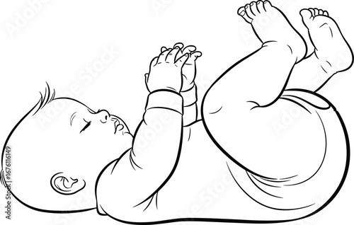 Infant lying pose, black and white vector, newborn anatomy illustration, peaceful baby drawing, hand-drawn style, child development concept,