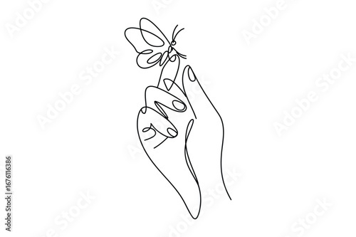 Elegant continuous line drawing of a delicate hand gently holding a butterfly on a fingertip symbolizing freedom and transformation