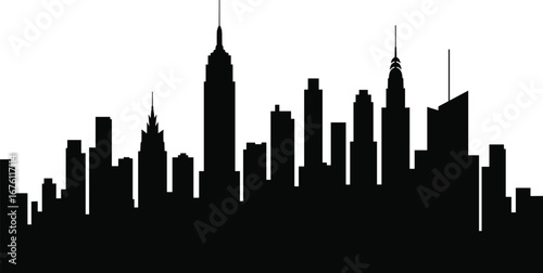 New York City skyline silhouette, iconic skyscrapers vector illustration, urban cityscape, downtown buildings, metropolitan skyline, flat vector illustration.