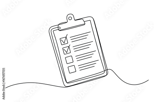 Continuous line art vector of clipboard with checklist, editable stroke one line minimal illustration