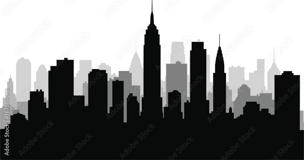 Naklejka premium Flat vector illustration of New York City skyline silhouette, featuring Empire State Building, Chrysler Building, skyscrapers, urban cityscape, iconic landmarks, layered black and gray design