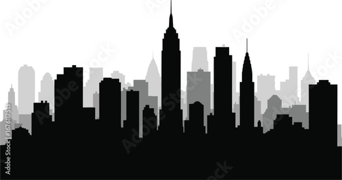Flat vector illustration of New York City skyline silhouette, featuring Empire State Building, Chrysler Building, skyscrapers, urban cityscape, iconic landmarks, layered black and gray design