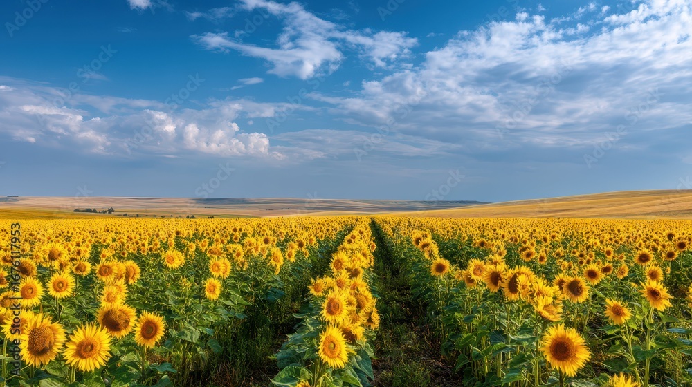 Obraz premium Sunflower Field Stretching to Horizon Under Bright Blue Sky