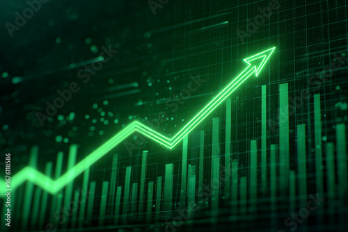 Green arrow going up over chart, showing a business profit or increase in value on dark background