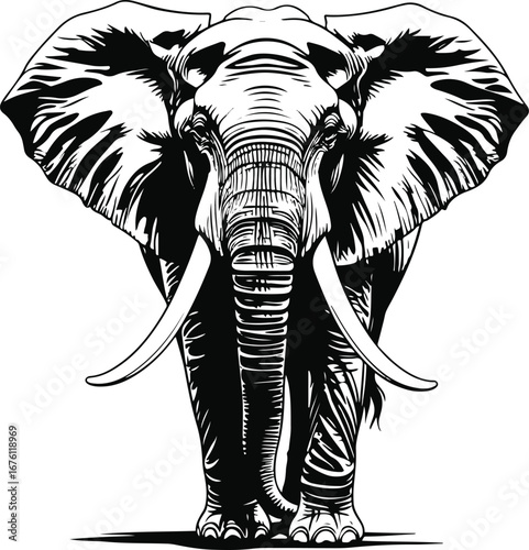 Canvas Print black and white line art Elephant with long tusks, bold continuous line silhouet