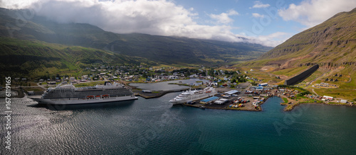 aerial view of Seydisfjordur and cruise ships in the harbor in the fjord