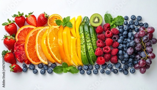 A vibrant and colorful rainbow gradient made from a fresh assortment of organic fruits, berries, and vegetables on a clean white background
