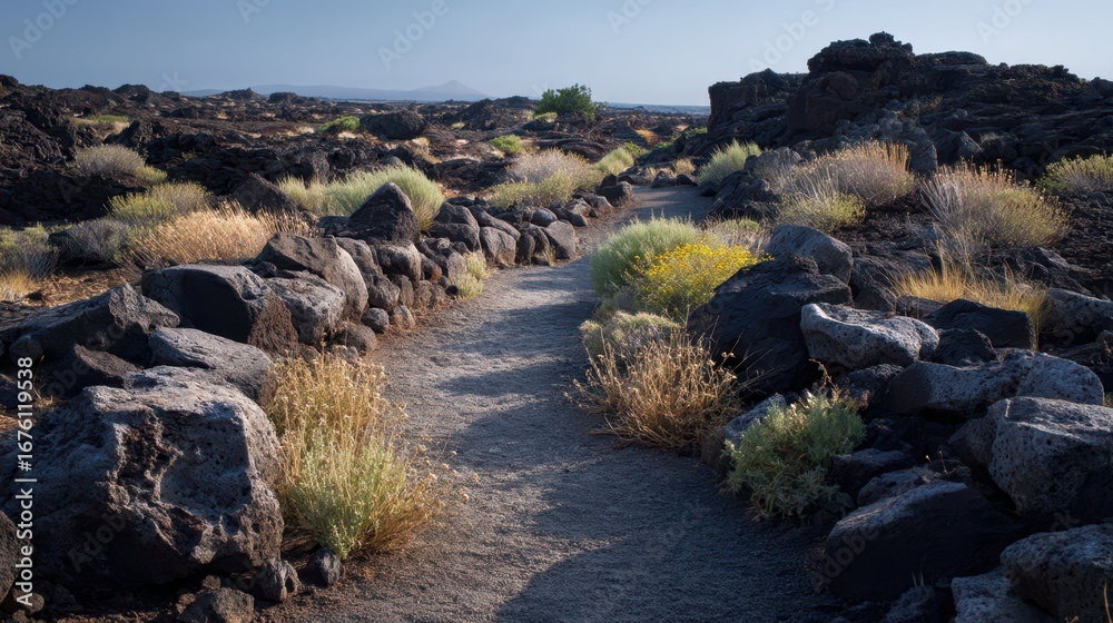 Obraz premium Scenic Trail Through Volcanic Rocks and Lava Soil Landscape