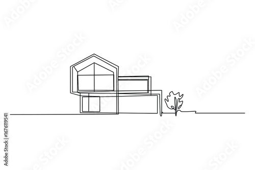 Modern house one line art vector illustration, editable stroke