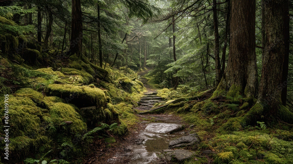 Fototapeta premium Tranquil Moss-Covered Trail Through Lush Green Forest Landscape